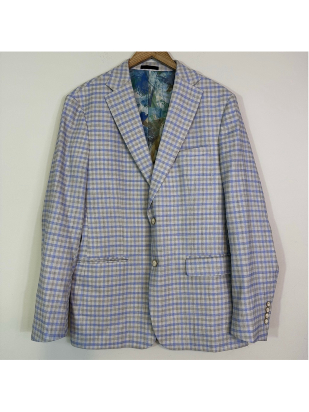 TALLIA Men's Linen Blend Slim Fit Plaid Sport Coat Blazer 42L Light Blue/Tan